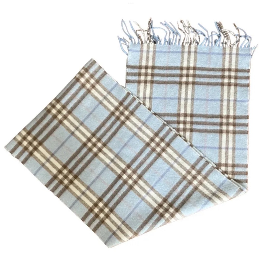 Burberry Womens Cashmere Knit Nova Check Light Blue/Pink  Fringe Scarf 66"x 11"